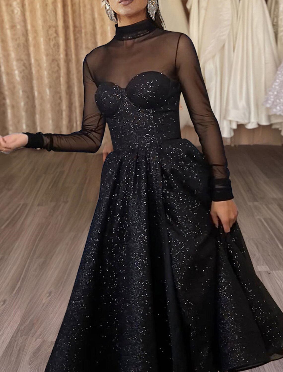 Wholesale A-Line Cocktail Dresses Elegant Dress Party Wear Tea Length Long Sleeve High Neck Wednesday Addams Family Tulle with Glitter